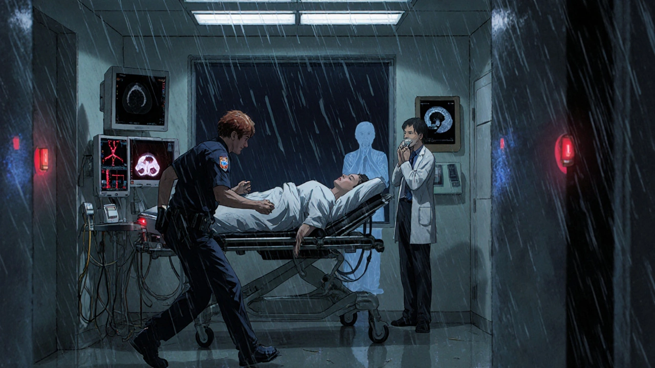 Emergency room paramedic rushing patient with CT scan showing brain bleed