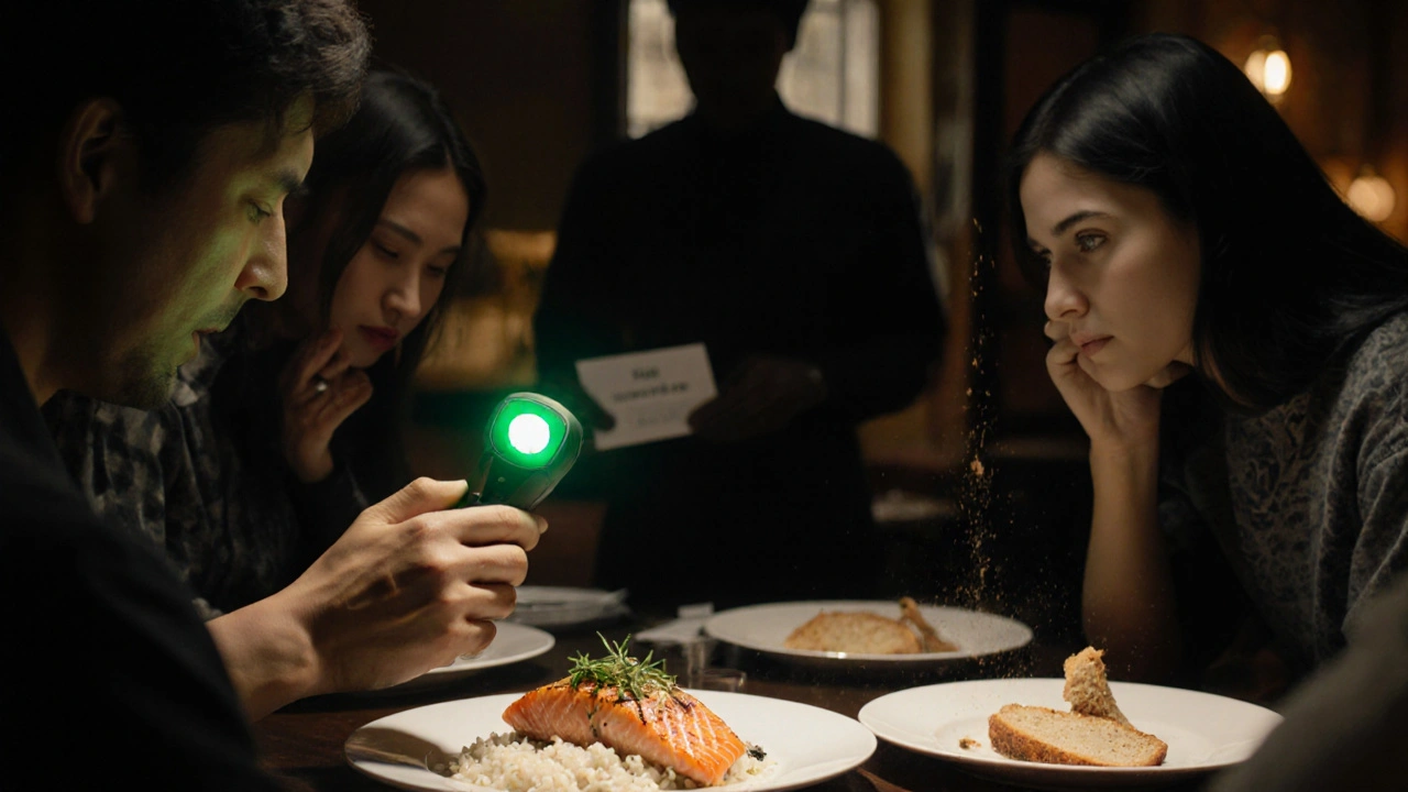 Group in restaurant using gluten-free sensor and card, with a hidden crumb nearby.