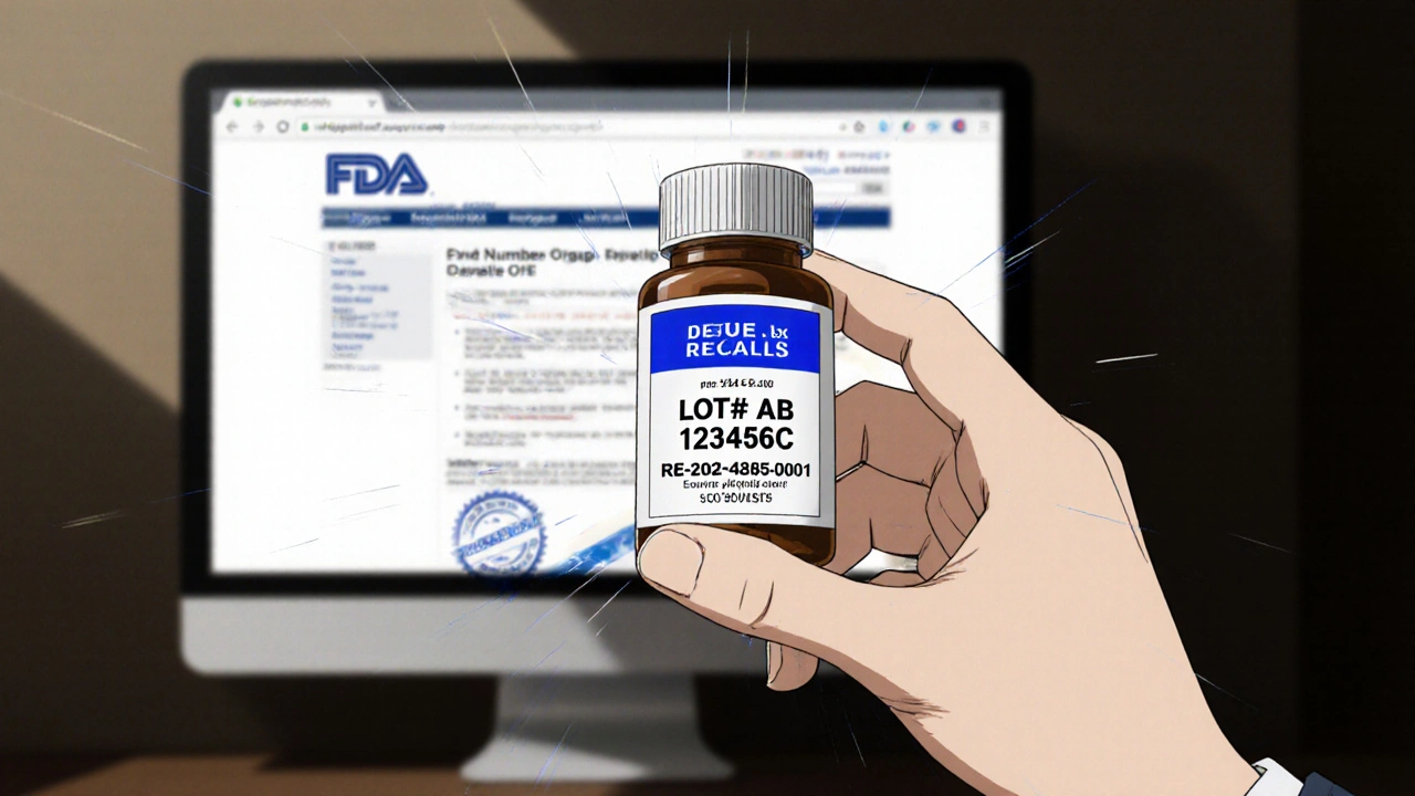 Hand holding pill bottle with lot number beside official FDA recall page