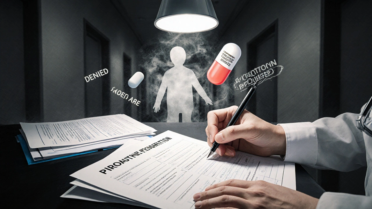 Hand signing prior authorization form as brand-name pill transforms into generic.