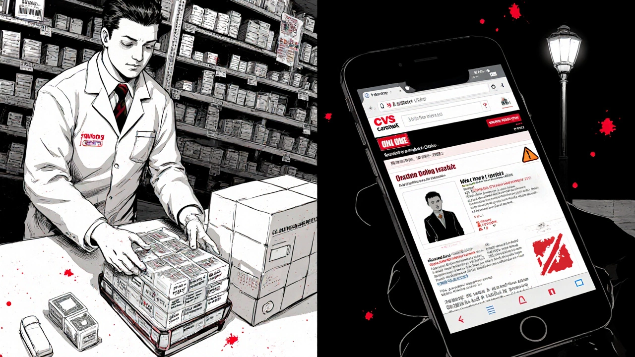 Mail-order pharmacy vs. independent online pharmacy in a split-panel scene.