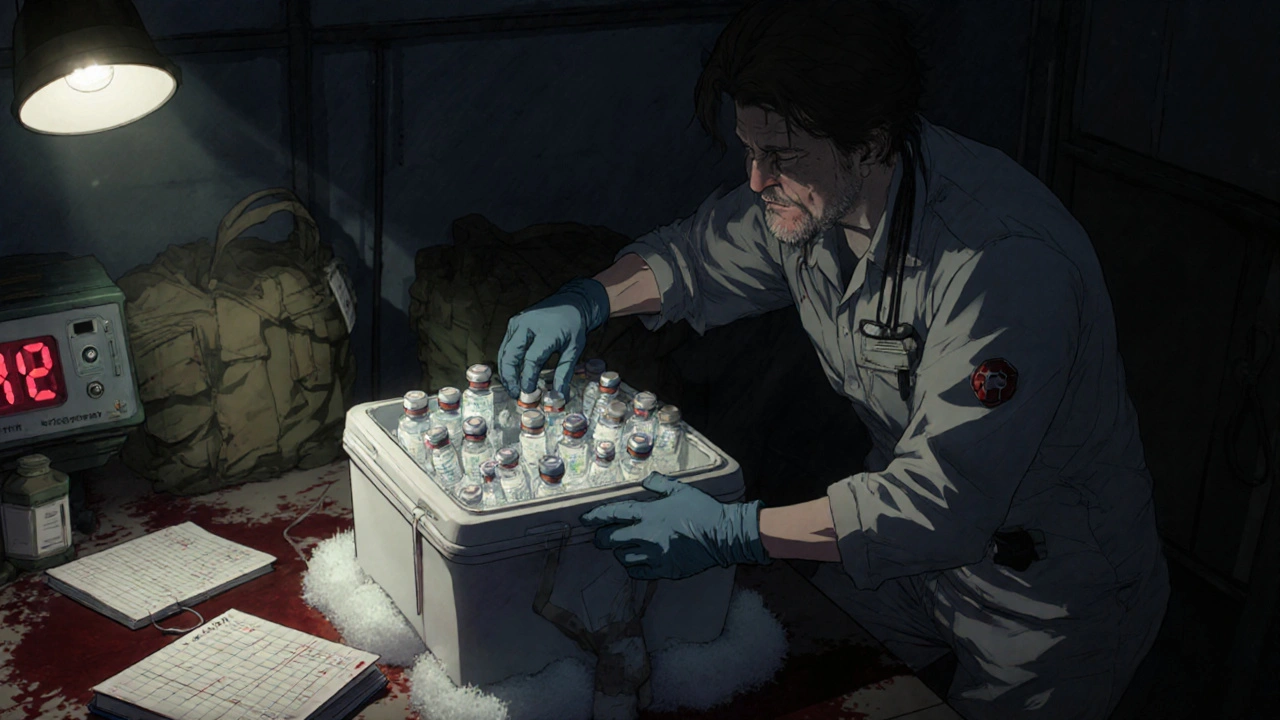 Medic transferring vaccines into a makeshift cooler using ice packs and foam in a dim field hospital.
