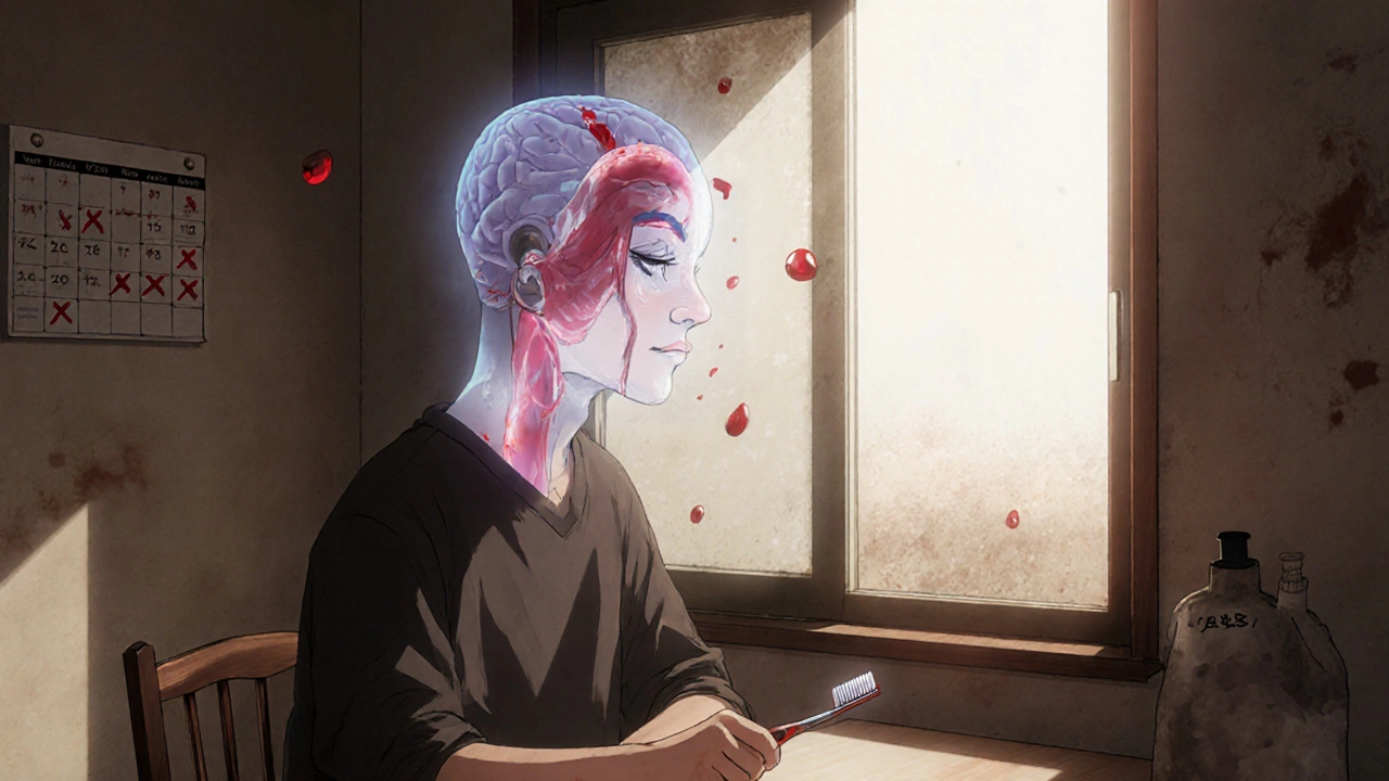 Person at kitchen table reflecting on blood thinner risks with clot overlay