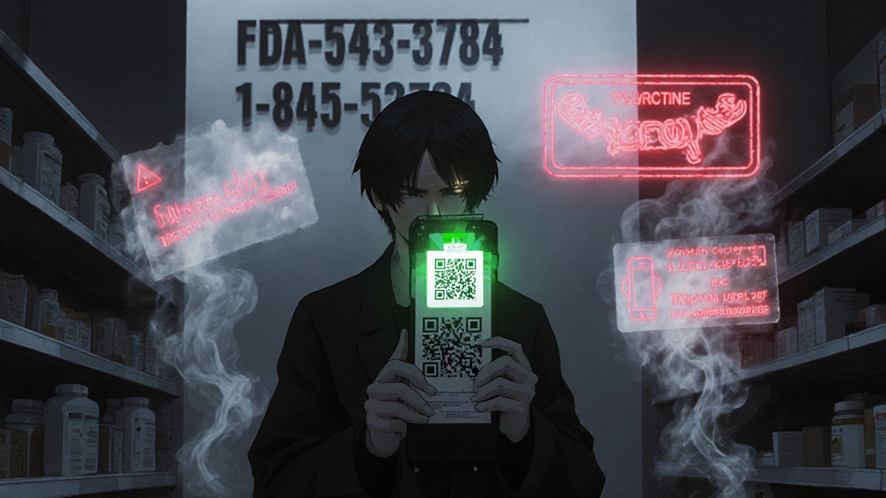 Person scanning QR code on medicine as fake recall posts fade into smoke