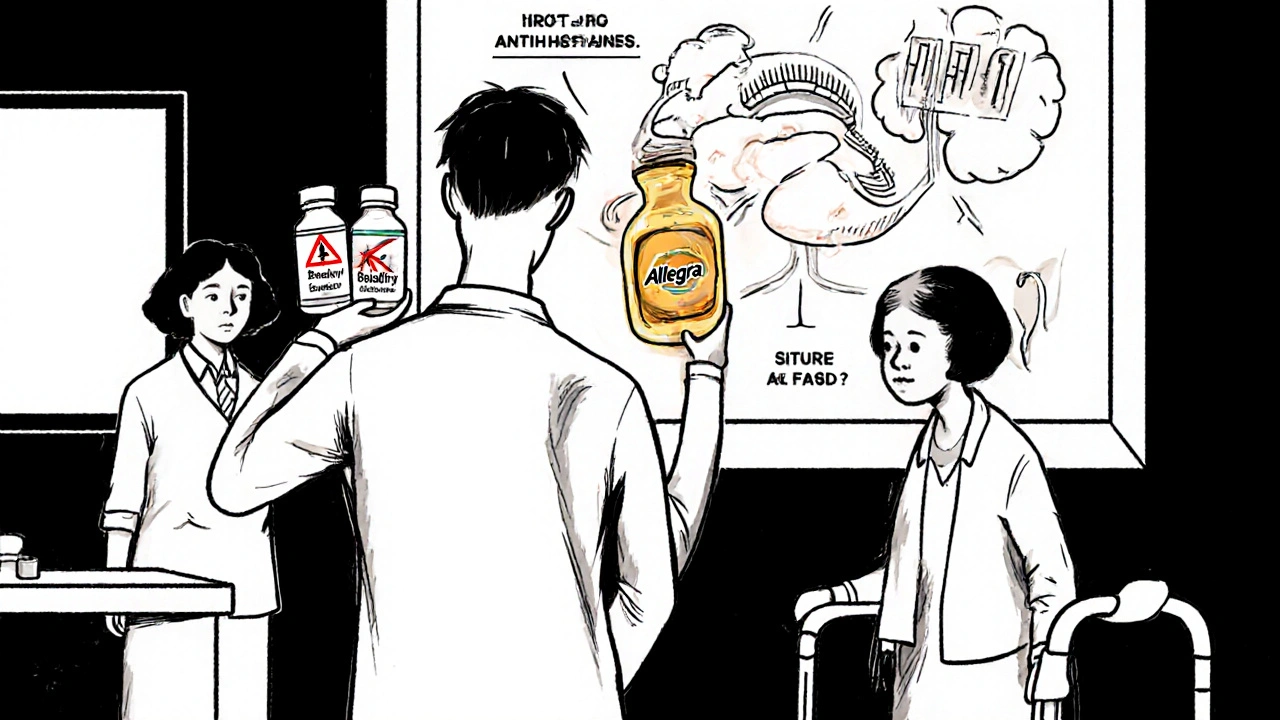 Pharmacist showing safer vs. dangerous antihistamine bottles to an older patient.