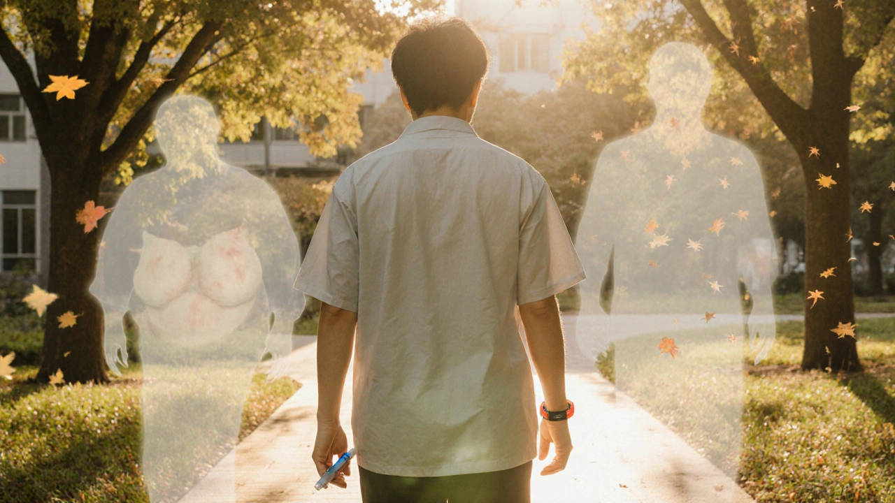 Post-surgery patient walks in garden, holding emergency injector, ghostly past self fading into autumn trees.