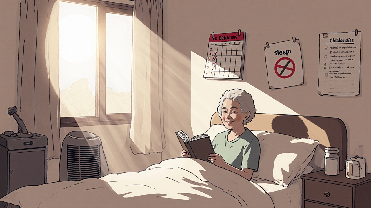 Senior woman awake at dawn in a safe, pill-free bedroom with HEPA filter and sleep tips on wall.