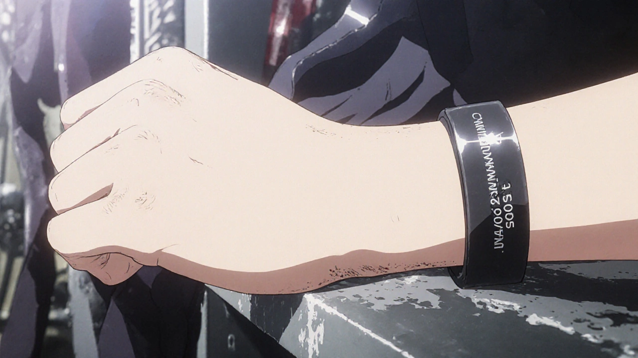 Silicone medical bracelet with engraved allergies and emergency contacts on gym locker shelf.