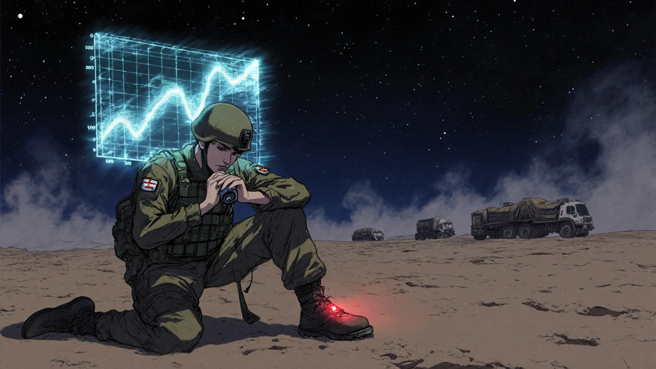 Soldier holds a heat-damaged epinephrine injector in his boot, holographic temperature forecast fading above.