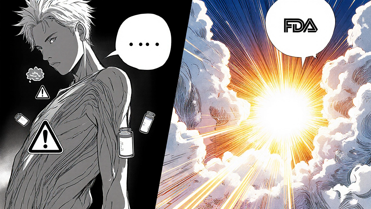 Split scene: left shows a fading patient skipping meds due to cost, right shows the same person healthy with sunlight and FDA seal.