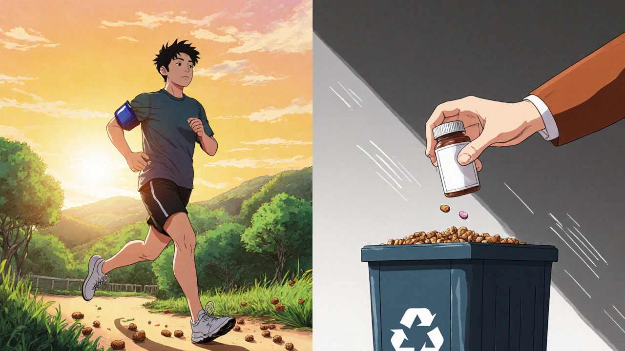 Split scene: person living healthy lifestyle on one side, discarding aspirin on the other.