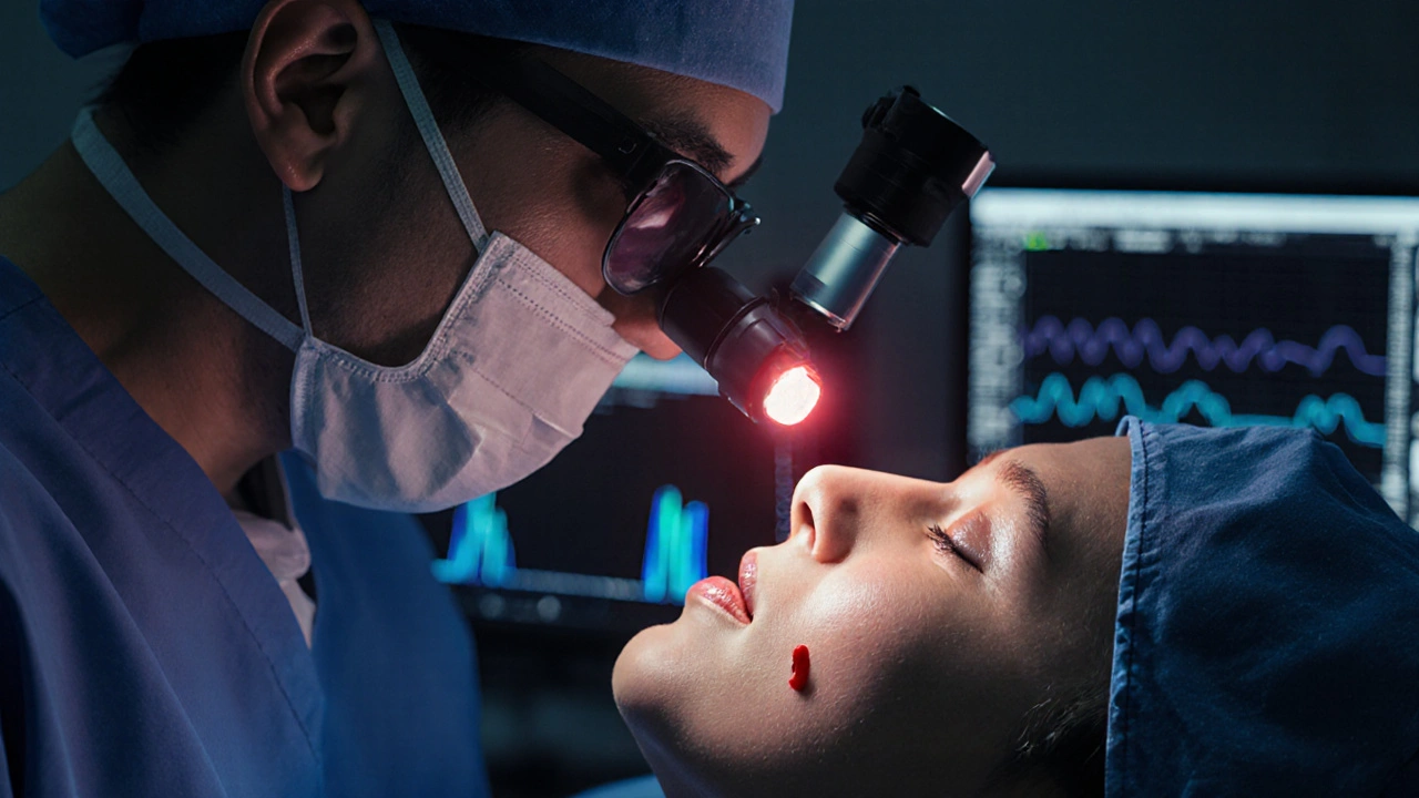 Surgeon performs precise pituitary surgery using a 3D robotic scope, tumor glowing red in nasal passage.