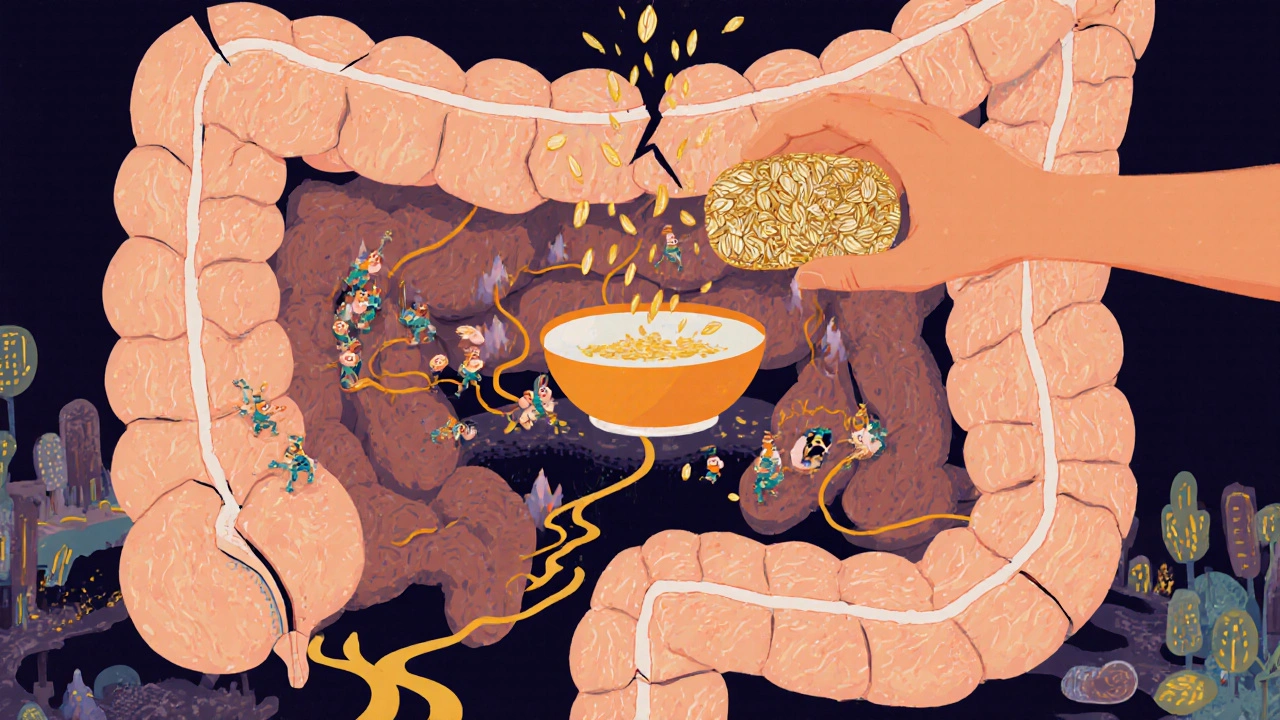 Surreal depiction of damaged intestine with immune cells attacking gluten, nutrients vanishing.