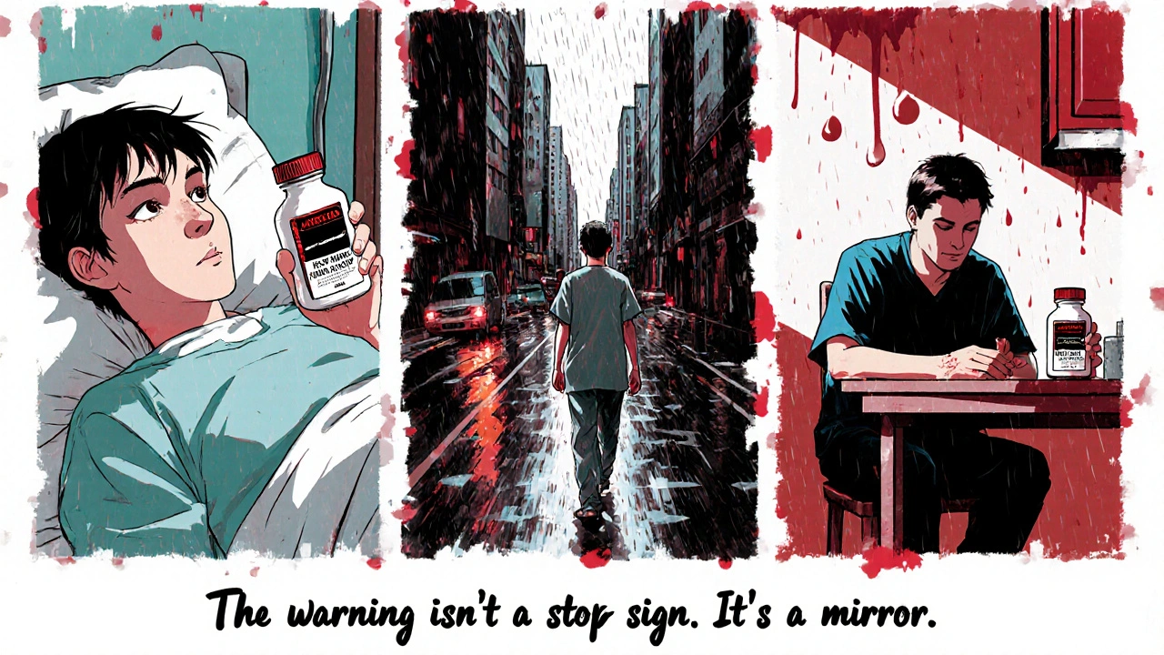 Three patients in different settings holding same medication with black box warning, dramatic lighting and fragmented panels.