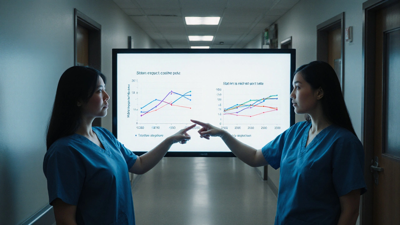 Two doctors reviewing pregnancy data graphs showing statin exposure and birth defect rates.