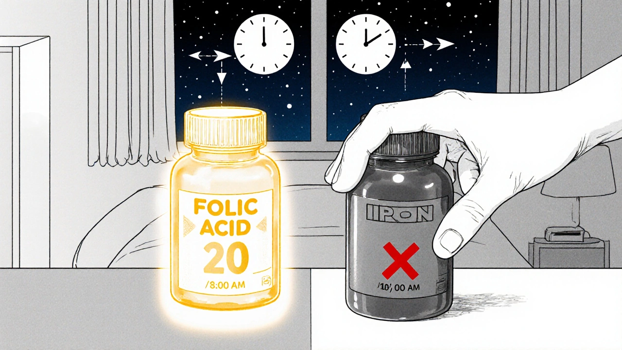 Two pill bottles labeled folic acid and iron separated by time of day, with absorption paths shown in manga style.