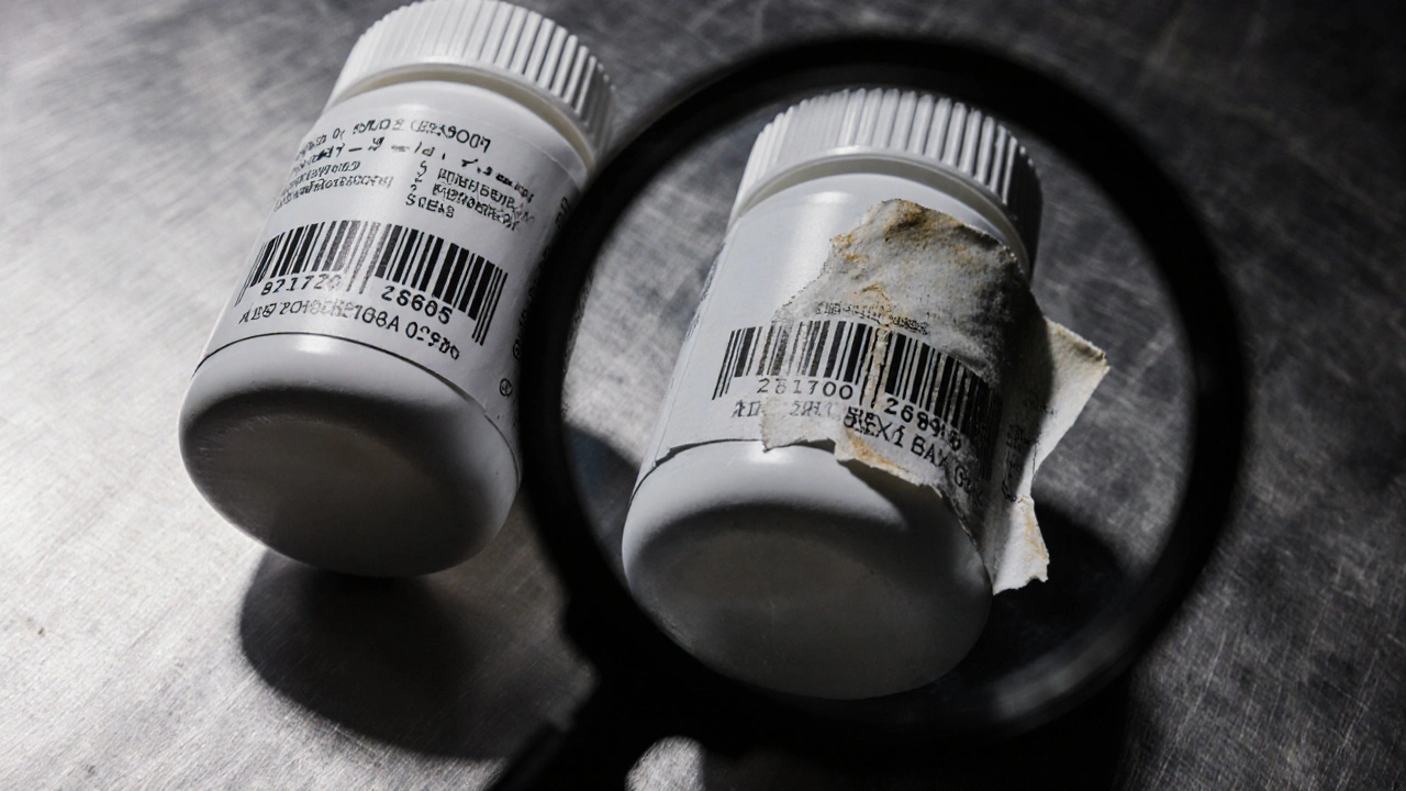 Two pill bottles side by side: one authentic with clear barcode, one fake with smudged label.