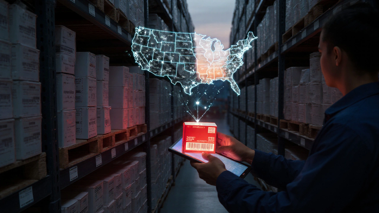 Warehouse shelf with hundreds of medicine boxes, one red-lit box being pulled for recall.