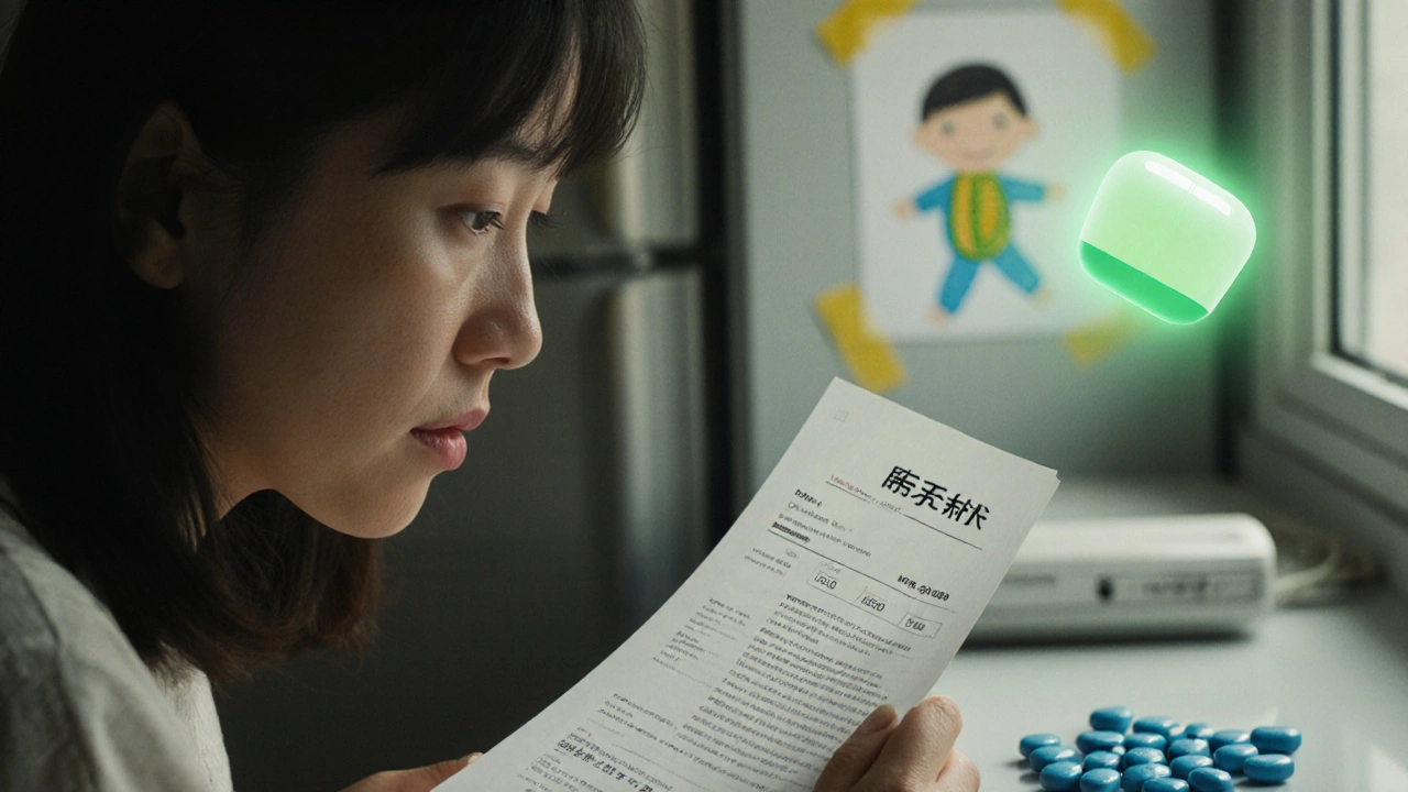 Woman crying over blood test showing MTHFR variant, with glowing L-methylfolate capsule radiating light.