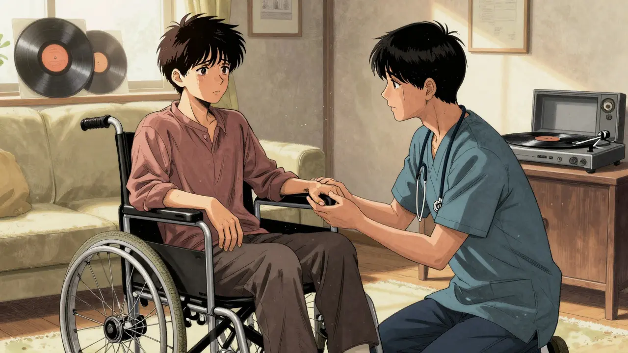 A caregiver holds the hand of a dementia patient in a sunlit room, vinyl records playing softly in the background.