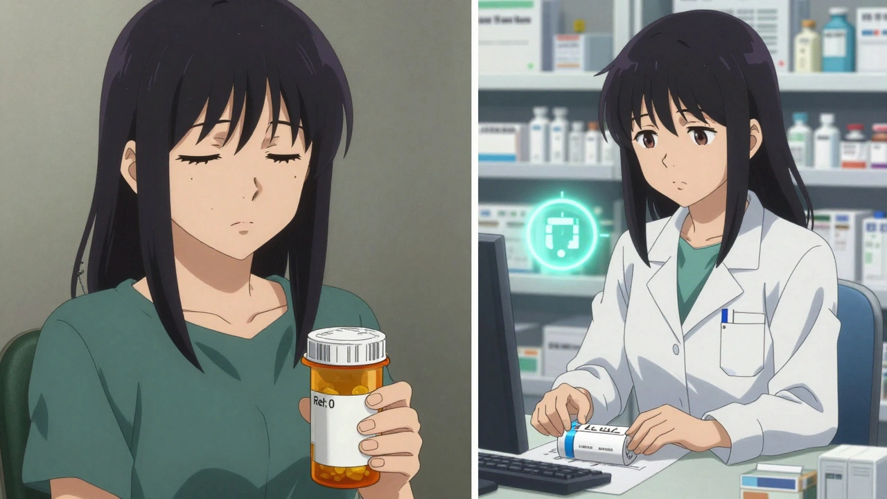 A patient stares at an empty pill bottle with &#039;Ref: 0&#039; while a pharmacist hands them a new prescription.