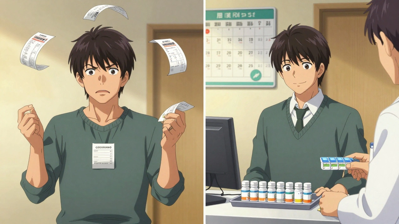 A patient transitioning from chaotic multi-pharmacy receipts to calm, organized medication pickup at one pharmacy.