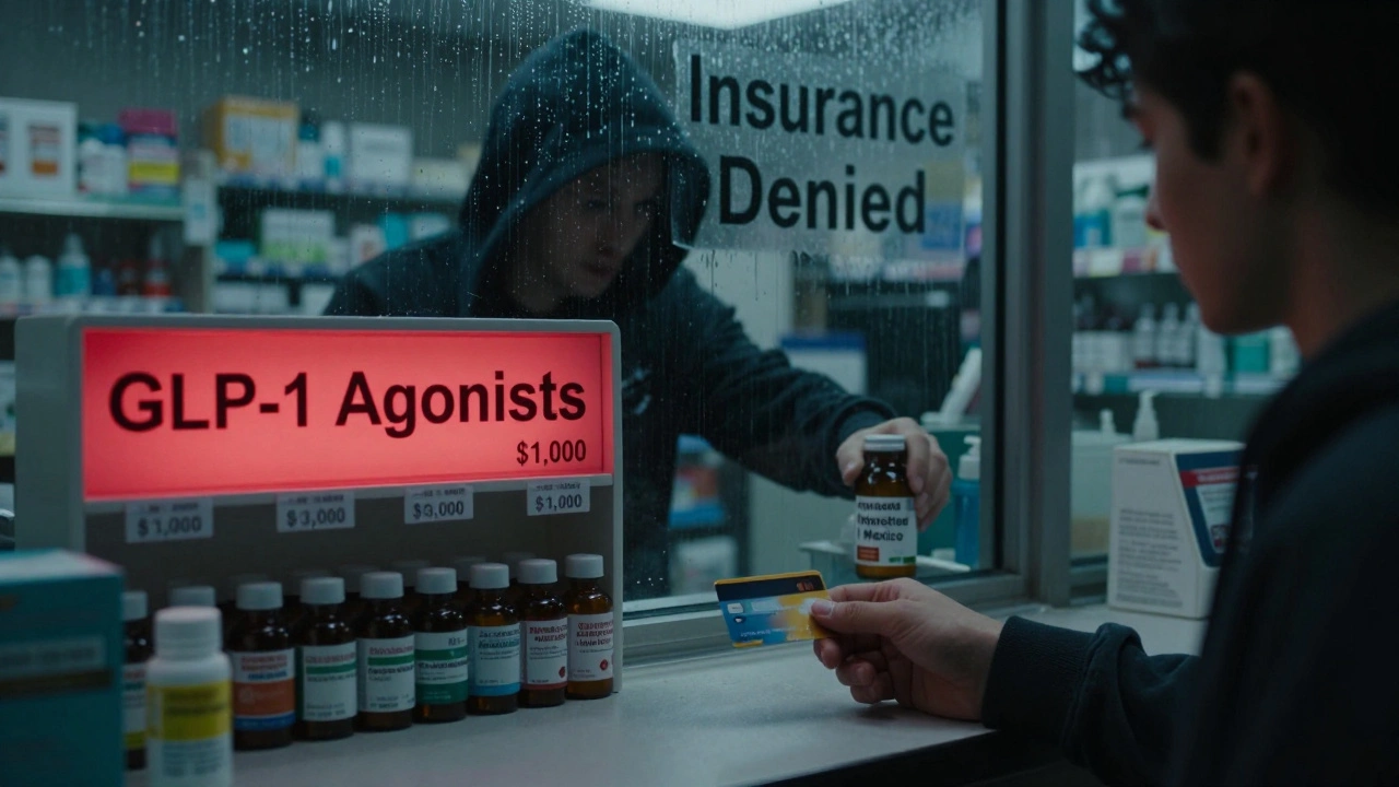 A person at a pharmacy counter struggling to afford GLP-1 drugs, while a shadowy figure buys an imported alternative.
