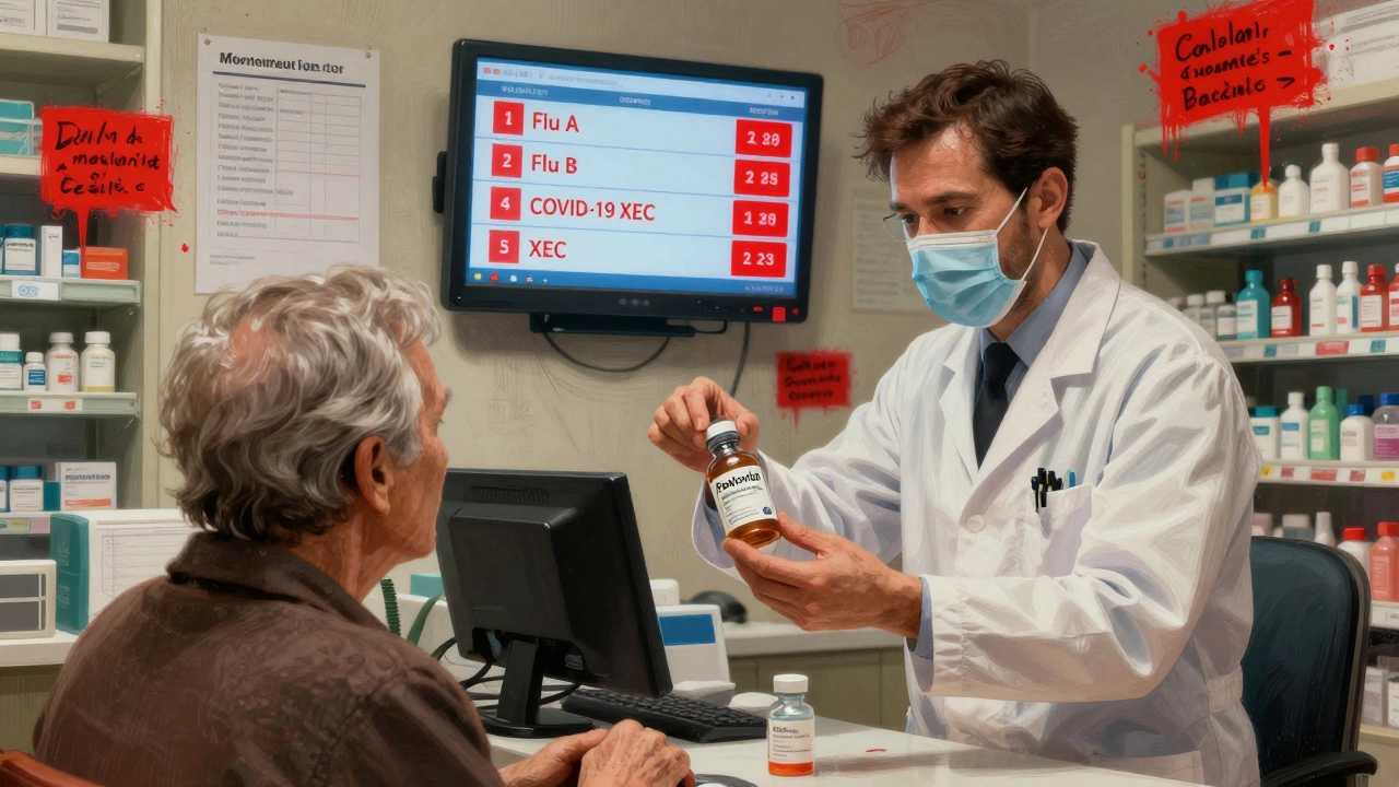 A pharmacist gives Paxlovid to an elderly patient as a multiplex PCR screen glows red in the background.