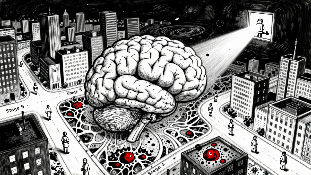 A surreal cityscape shaped like a brain with glowing plaques and caregivers walking endless loops under a single beam of light.