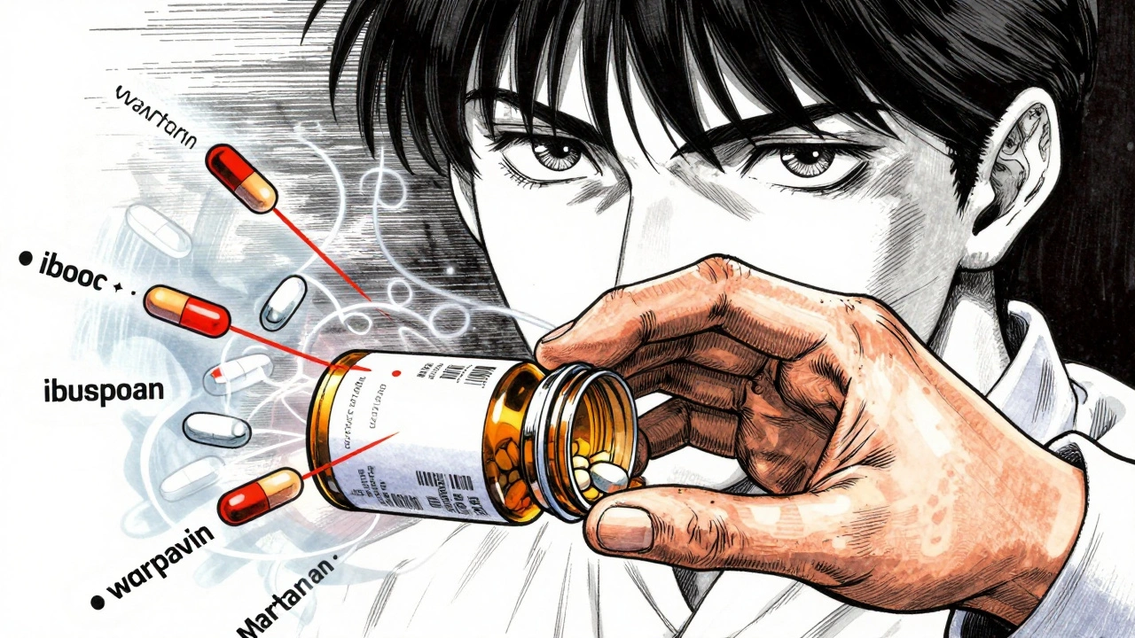 A trembling hand reaching for pills with ghostly drug interaction warnings, watched over by a focused pharmacist.