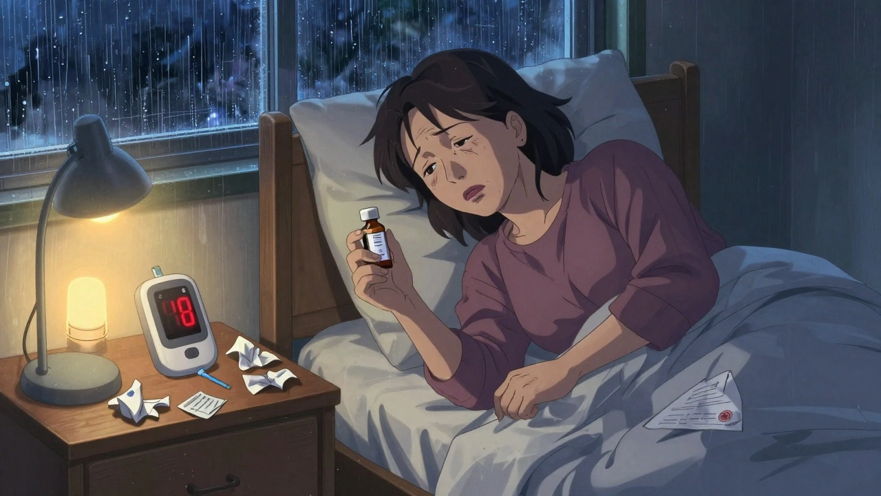 A woman holding expired insulin as her blood sugar monitor flashes red in the dark.