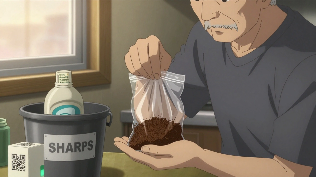 An elderly man mixing expired pills with coffee grounds for safe disposal at dawn.