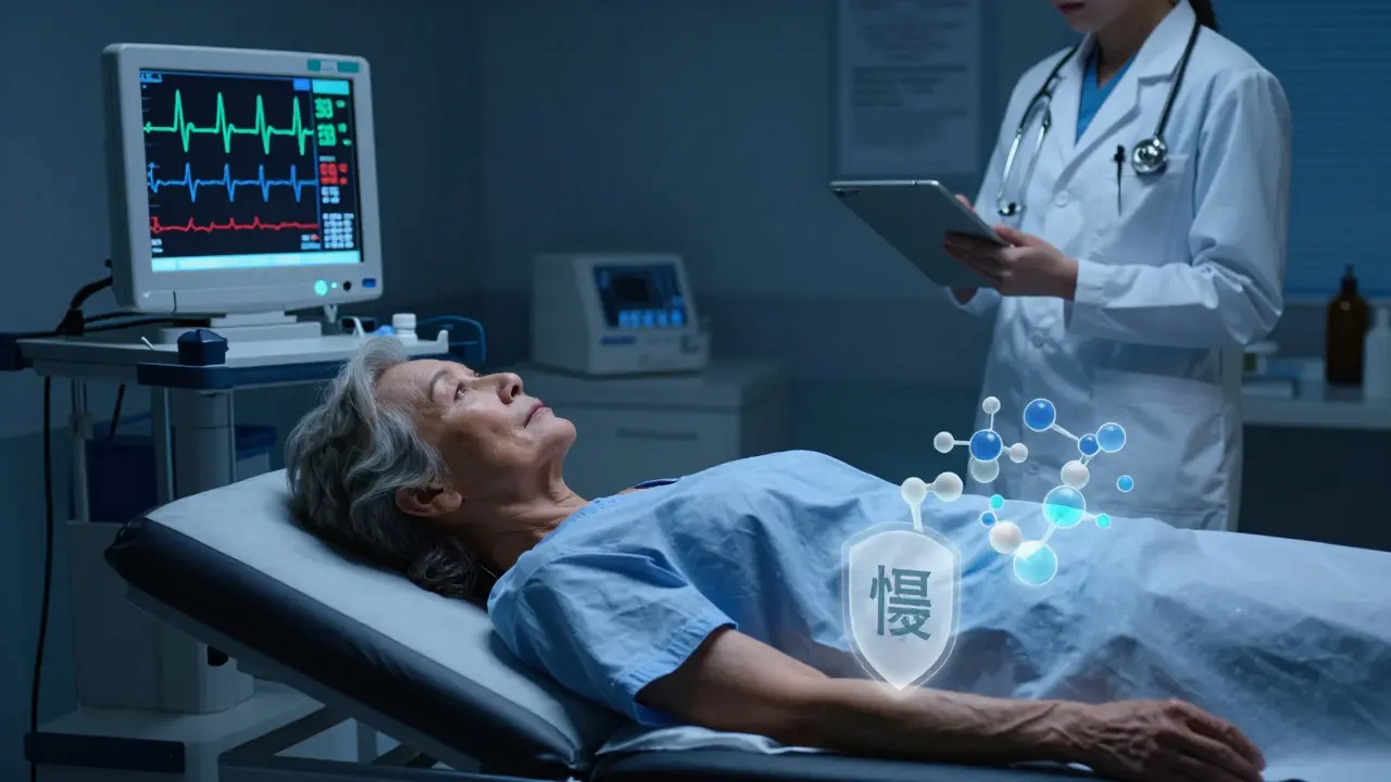 An elderly woman on an ECG machine with a prolonged QT waveform glowing blue, while electrolyte molecules flicker weakly beside her.