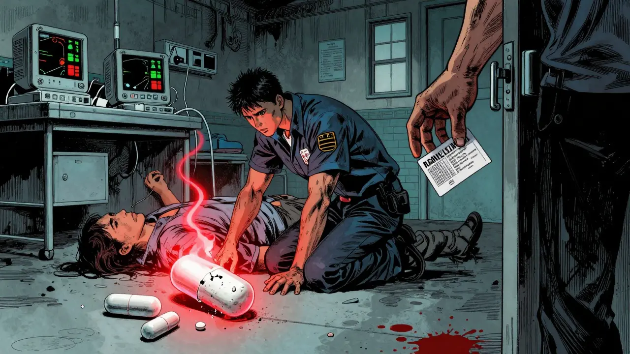 An emergency scene with a crushed extended-release pill releasing a dangerous red aura in gritty Gekiga style.