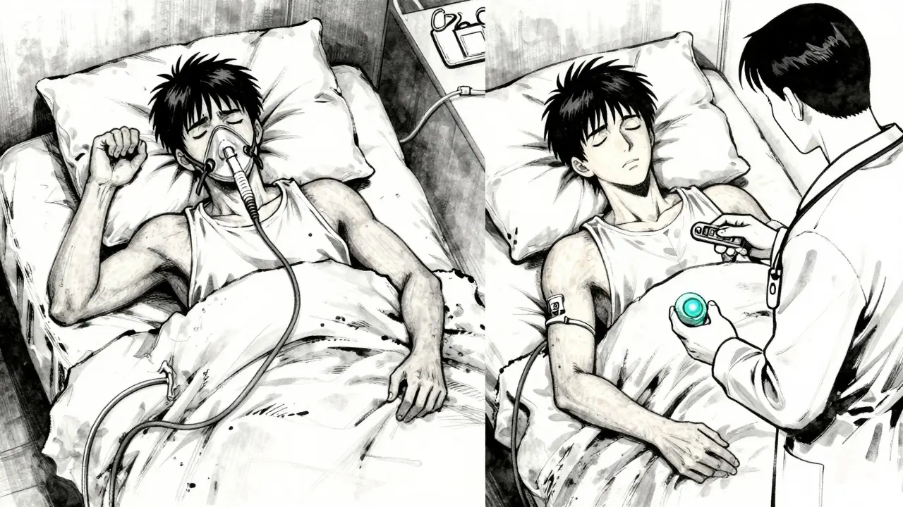 Contrasting scenes: frustrated CPAP user vs. calm patient with implanted sleep device.