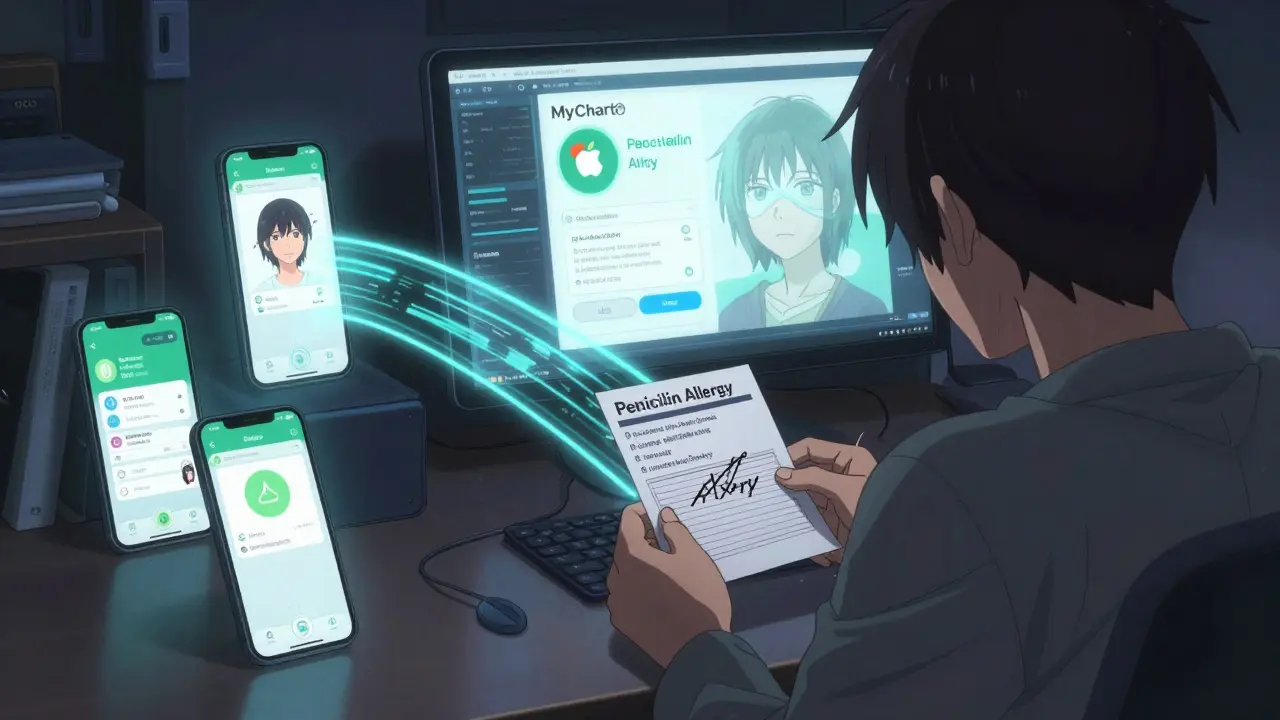 Digital allergy records syncing across devices in a bedroom, with printed card in foreground.