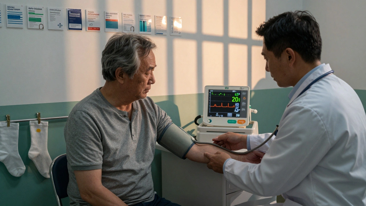 Doctor checking blood pressure in hospital as medication labels cast dark shadows, compression stockings nearby.
