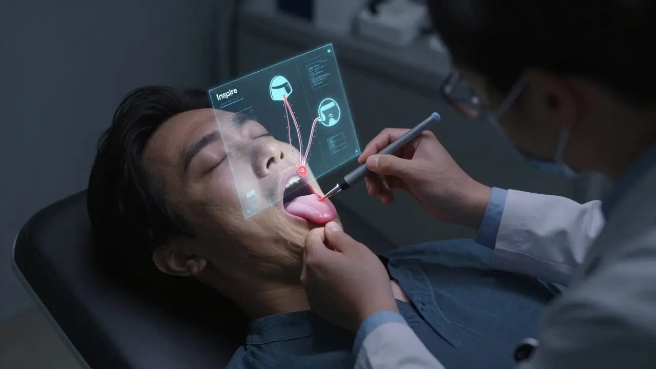 Doctor performs sleep endoscopy while hologram shows Inspire device stimulating the tongue.