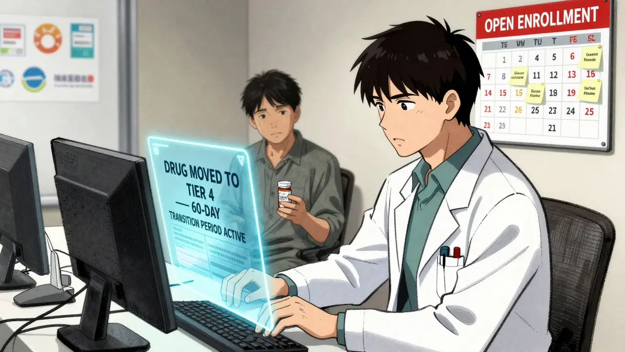 Doctor writing formulary exception letter as patient waits, with alert on screen about tier change.