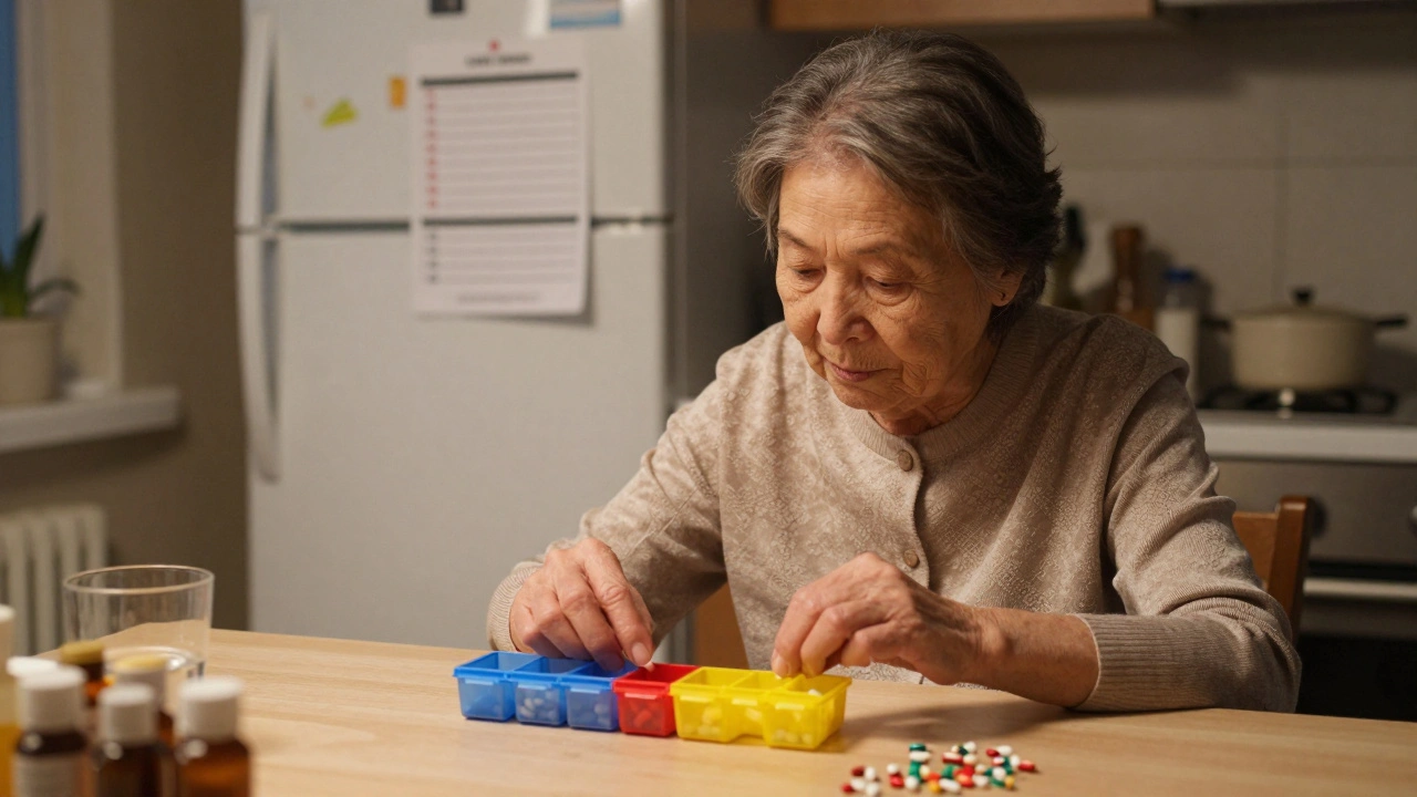Elderly woman filling color-coded pill box at kitchen table with checklist on fridge.
