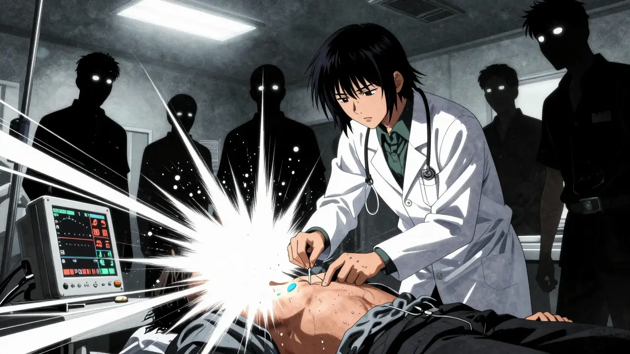 Emergency doctor performing needle decompression on patient with blue lips, air bursting from chest, medical team in motion.