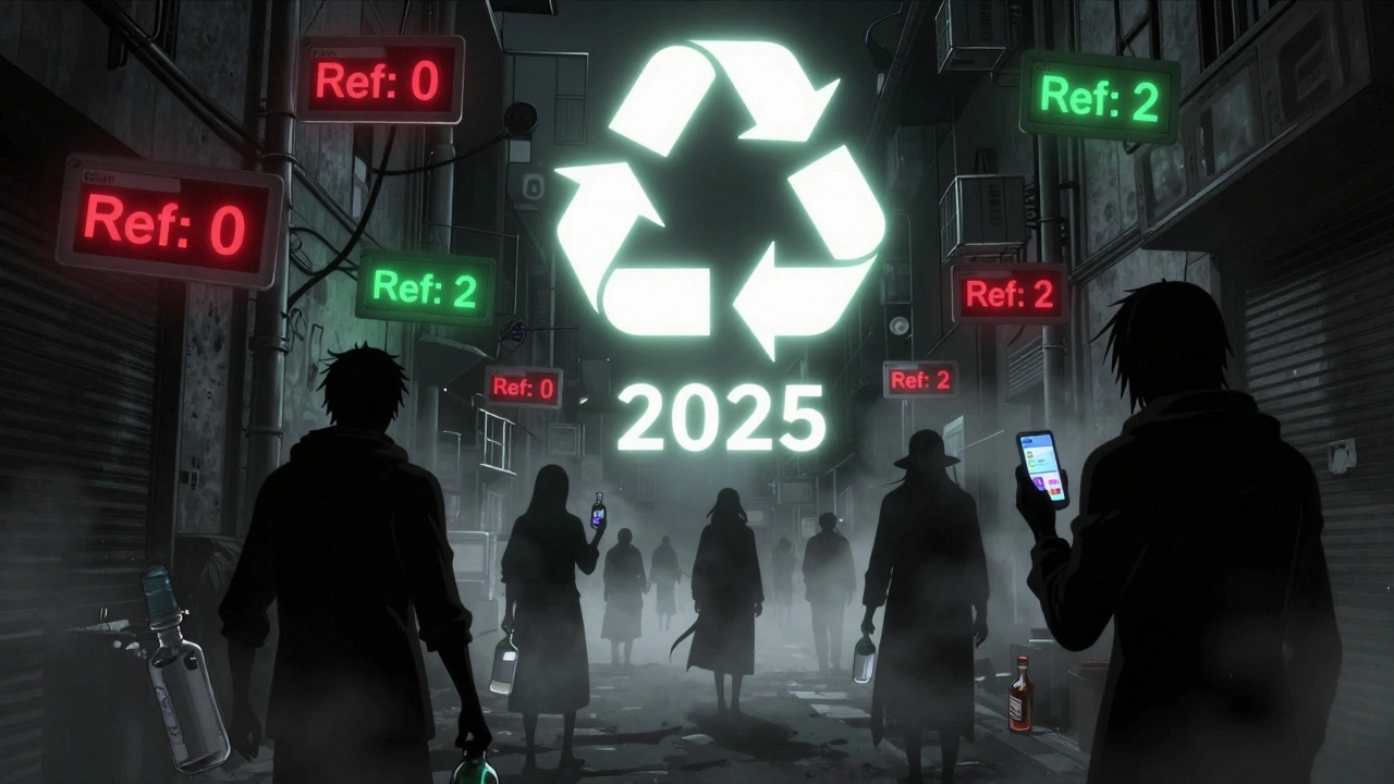 Floating prescription labels in a foggy alley, some glowing red or green, with a glowing circular refill icon above.
