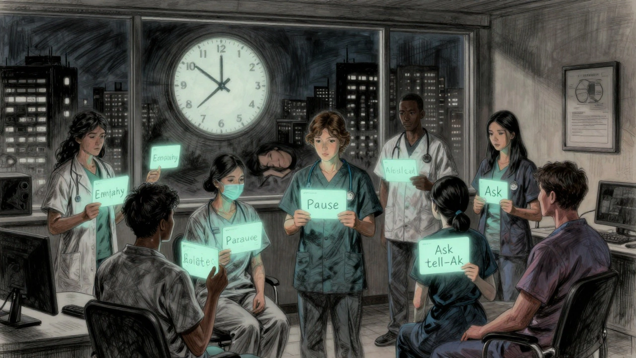 Healthcare team in a dim room holding glowing communication skill cards, city outside, clock ticking toward midnight.