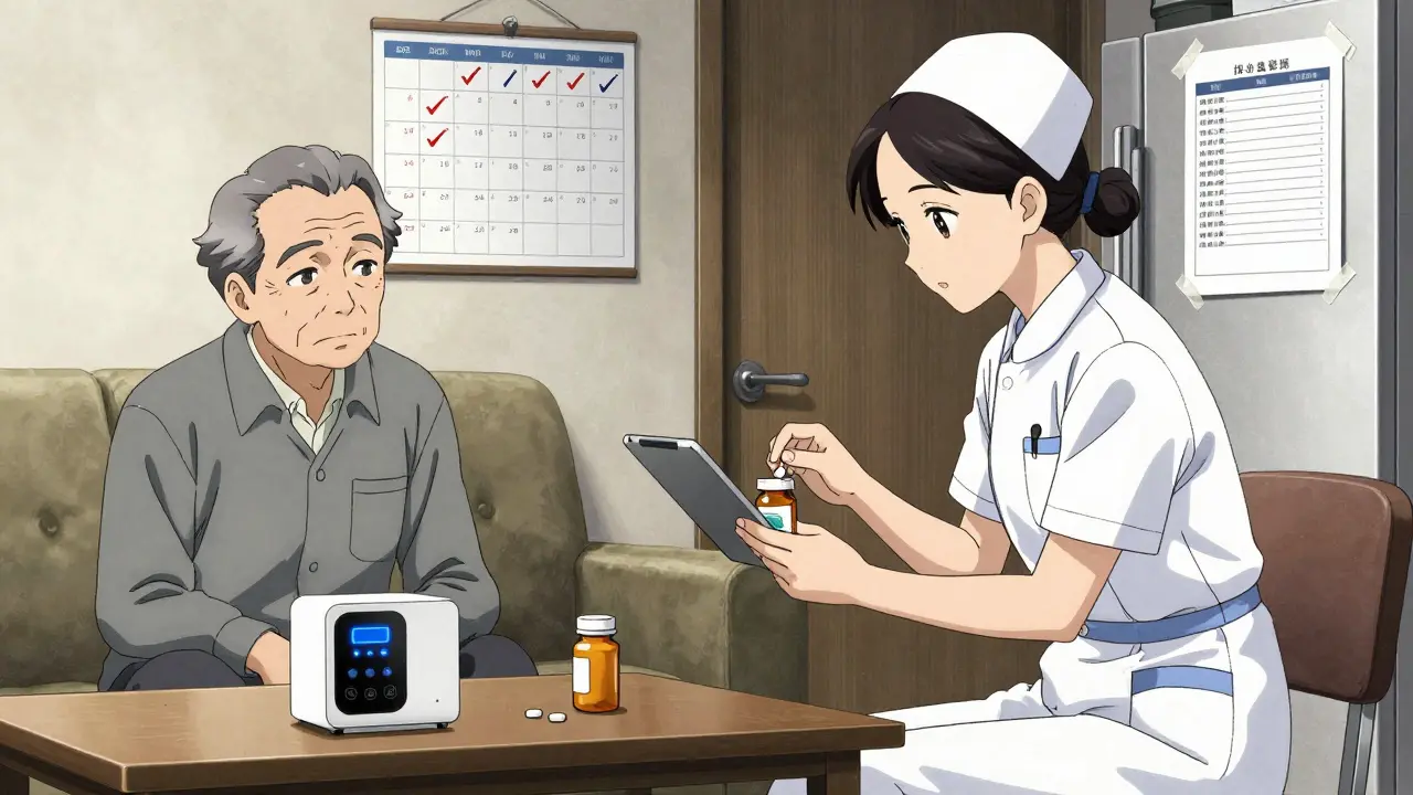 Home nurse scanning pill bottles with a tablet while an older man observes his smart dispenser.