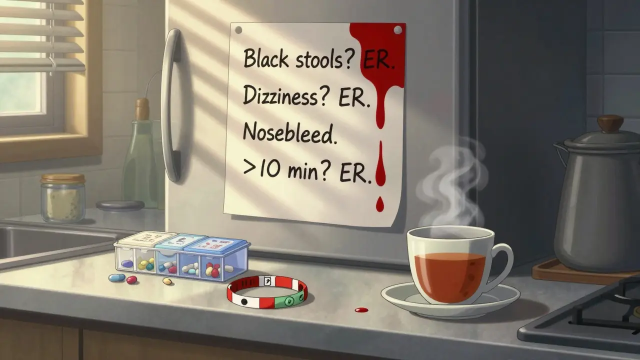 Kitchen counter with bleeding warning list, pill organizer, medical bracelet, single blood drop.