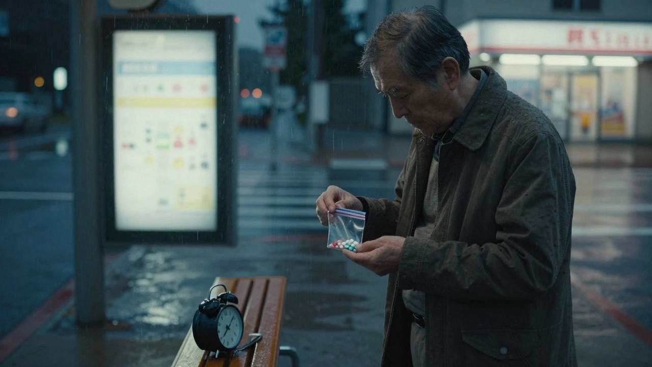 Man at bus stop holding travel pill bag with simple alarm clock nearby in rain.