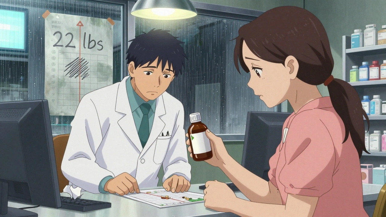 Mother and pharmacist at community pharmacy, comparing medicine bottle to digital weight chart with outdated paper in trash.