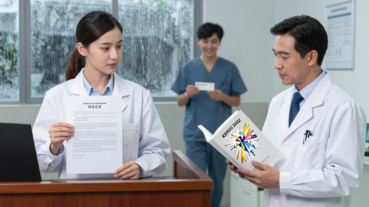 Nephrologist confronts pharmacist over KDIGO guidelines as patient walks out with prescription.