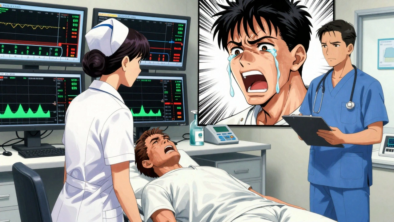 Nurse in medical simulation facing an angry patient actor, trainer watching, monitors showing biometrics and emotion analysis.