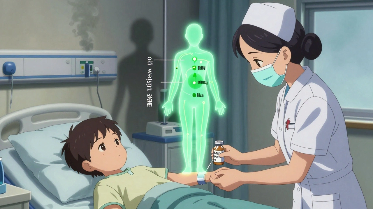 Nurse scanning medication at bedside, three green verification lines glowing as outdated weight data fades away.